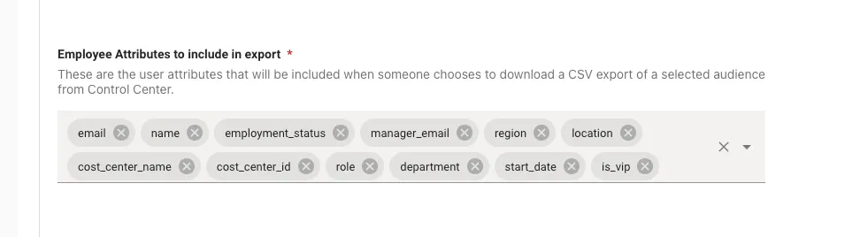 Employee Attributes to include in export field with user attributes selected