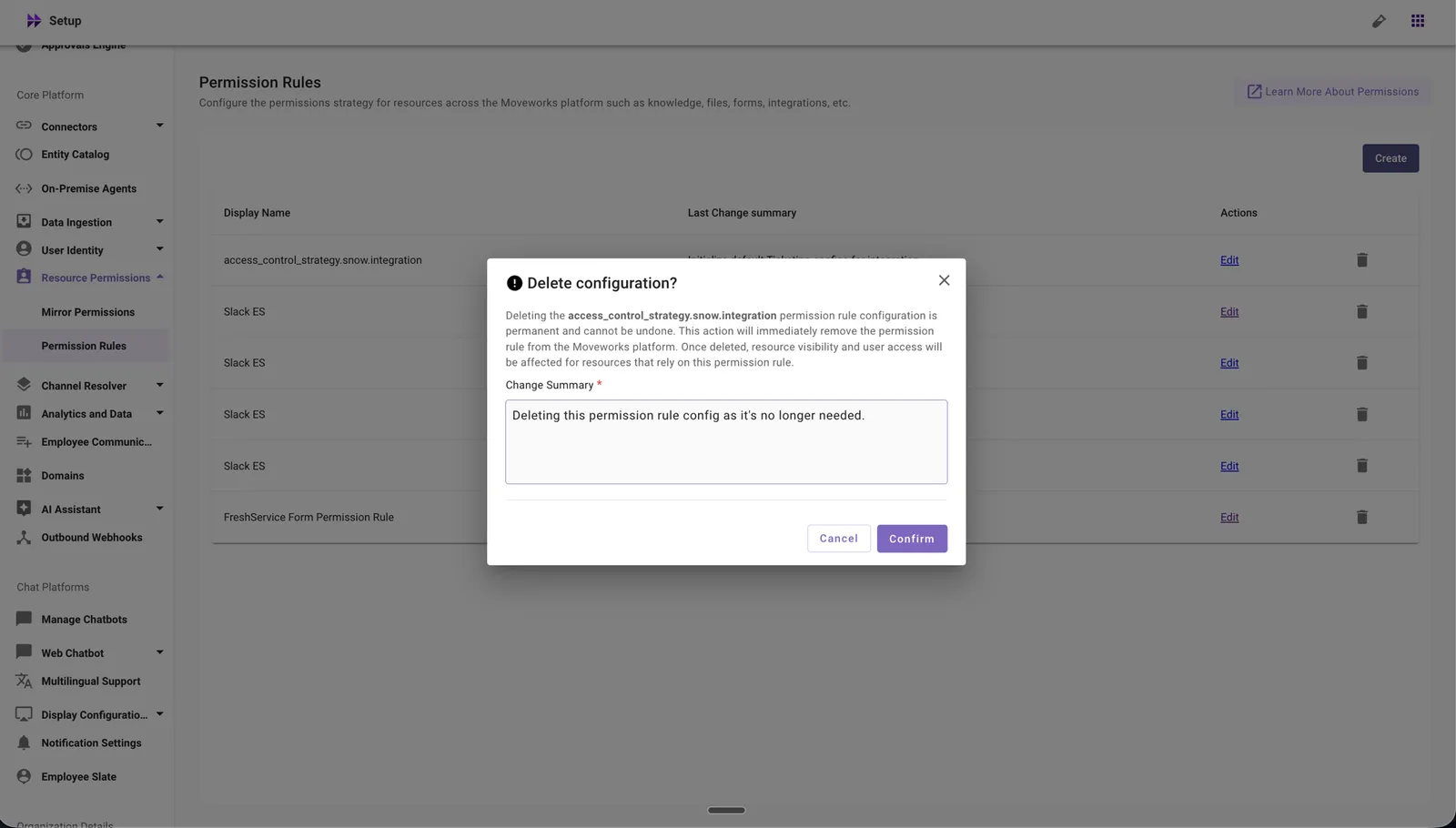 Review the delete configuration warning and enter a change summary