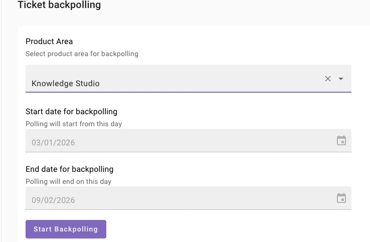 Ticket backpolling form with Knowledge Studio selected as the product area and the Start Backpolling button