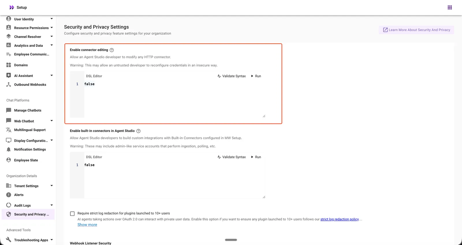 Enable connector editing in Security and Privacy Settings