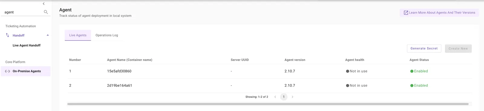 Live Agents tab showing both containers registered and Enabled