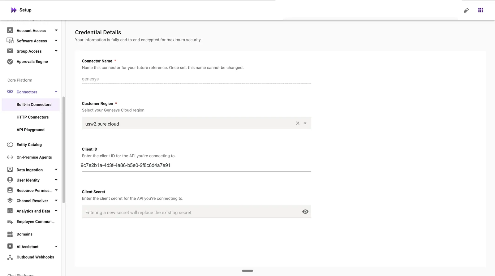 Connector credential details: region, client ID, and client secret (example values shown)