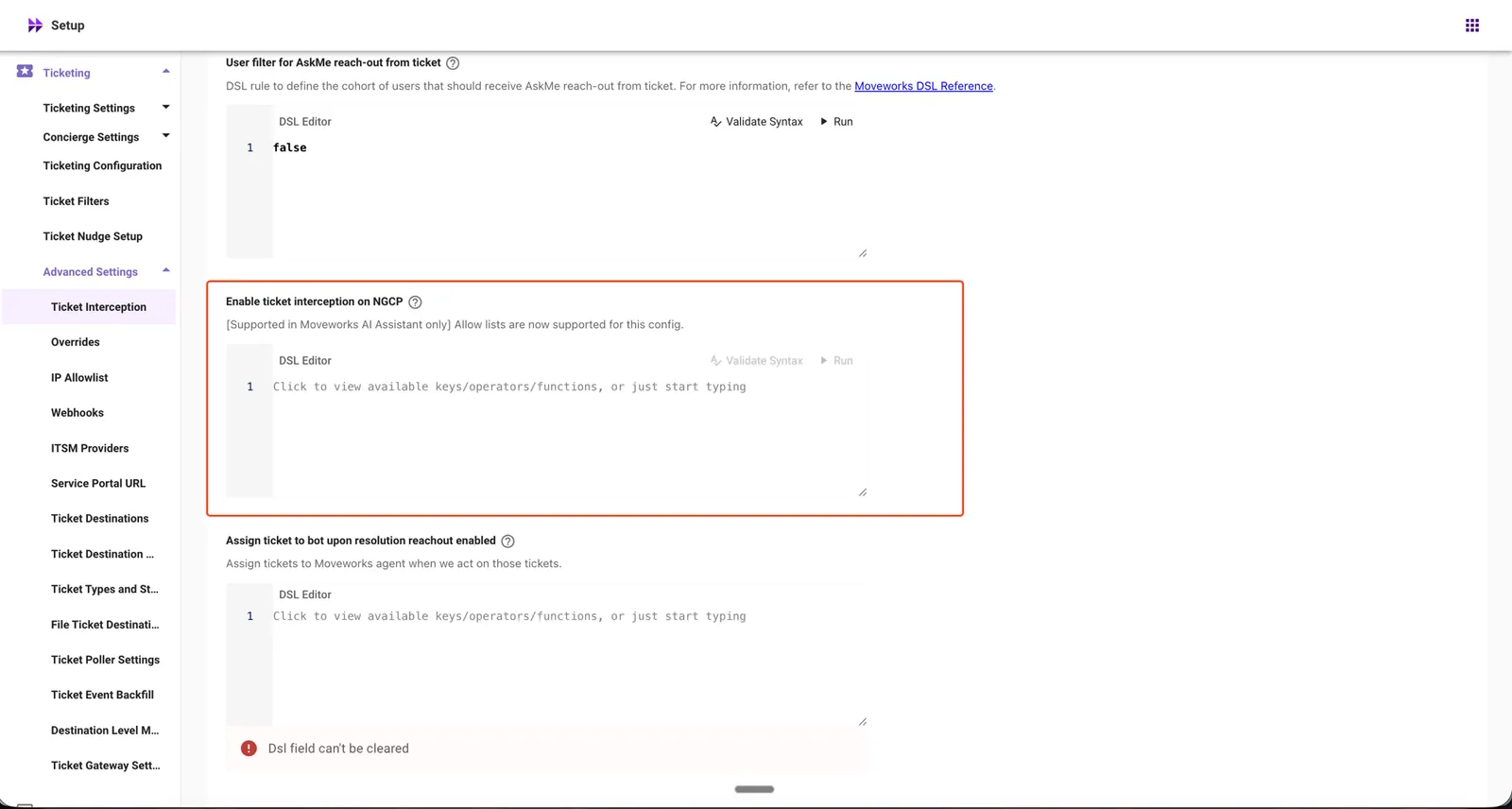 Enable ticket interception on NGCP in Ticket Interception settings