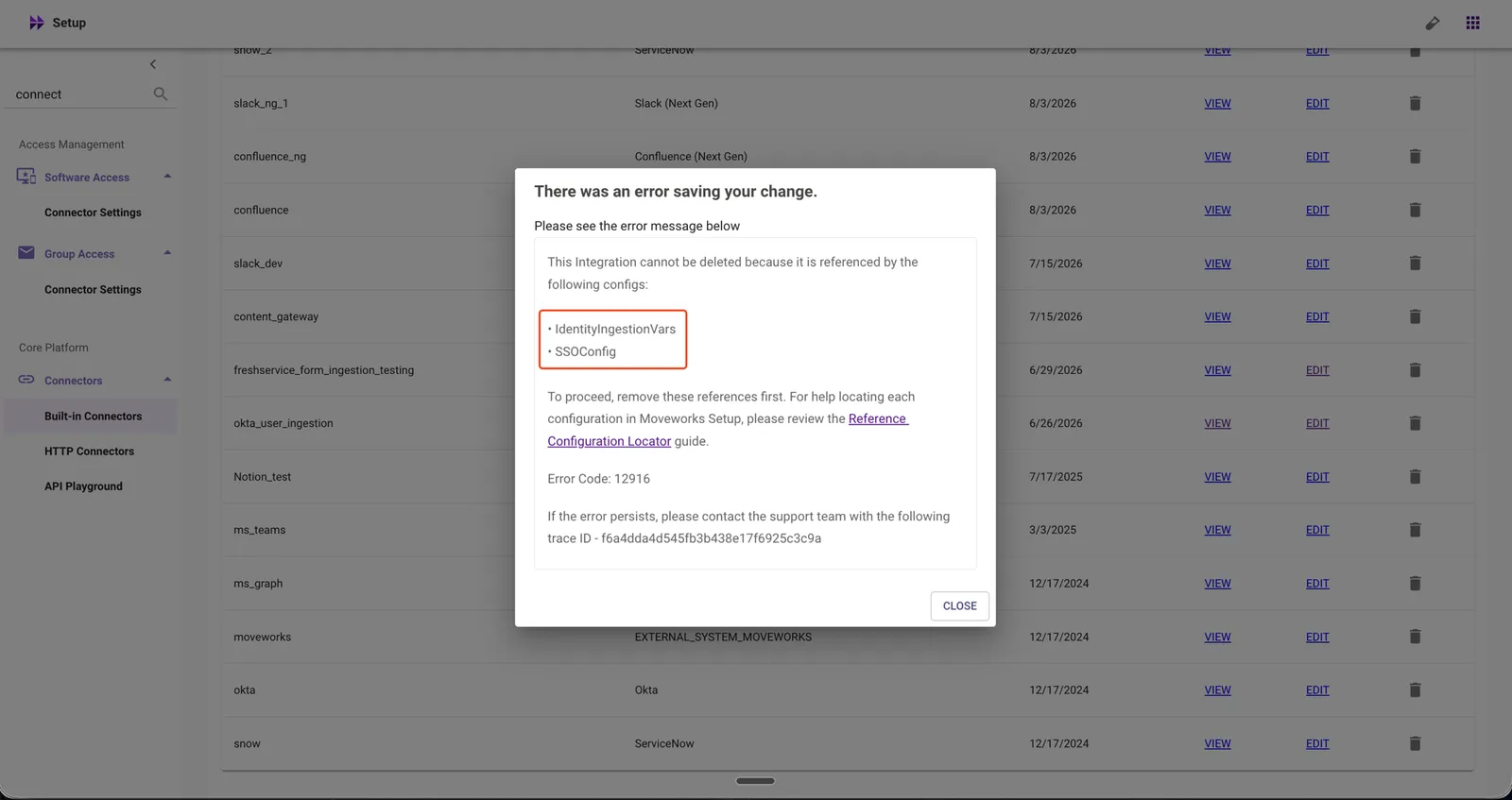 Delete error dialog listing IdentityIngestionVars and SSOConfig as configurations referencing this connector