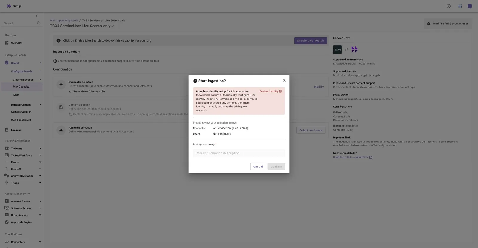 Start ingestion dialog showing the Complete Identity setup warning for a ServiceNow Live Search connector.