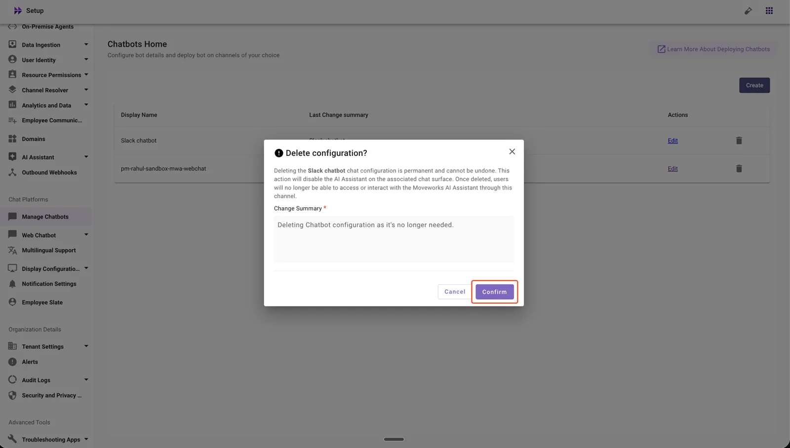 Confirm the Chatbot configuration deletion