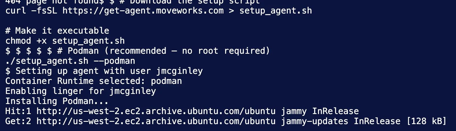 The setup script downloading and installing Podman automatically