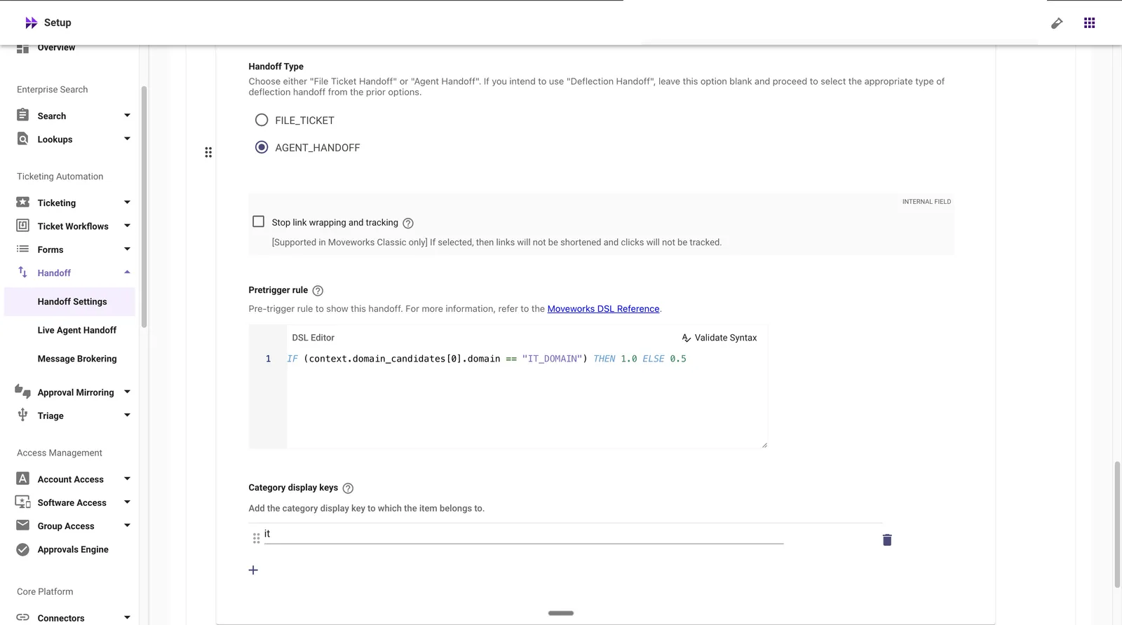 Handoff Settings: pretrigger rule and category display keys
