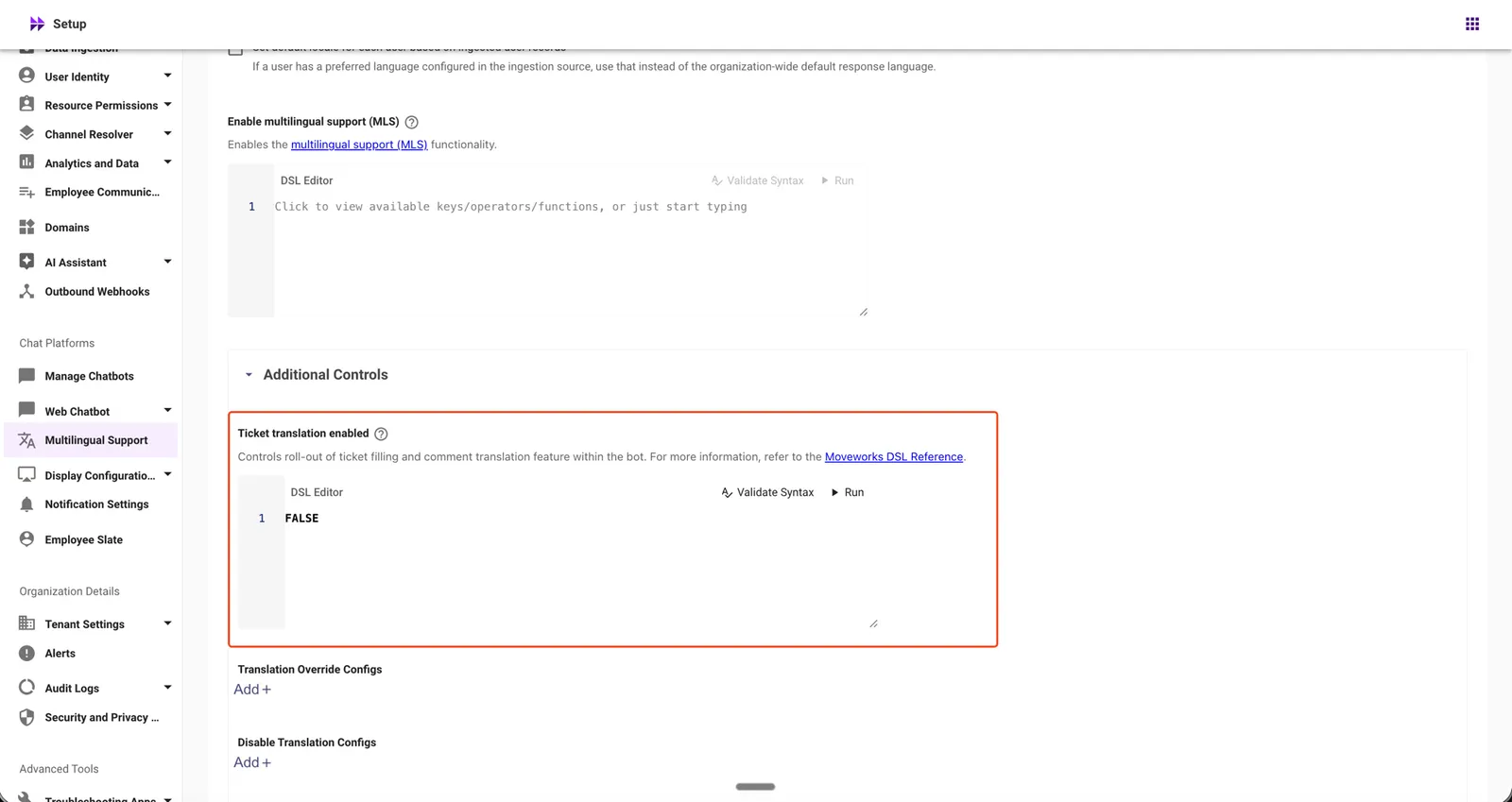 Ticket translation enabled in Language Preferences → Advanced Settings