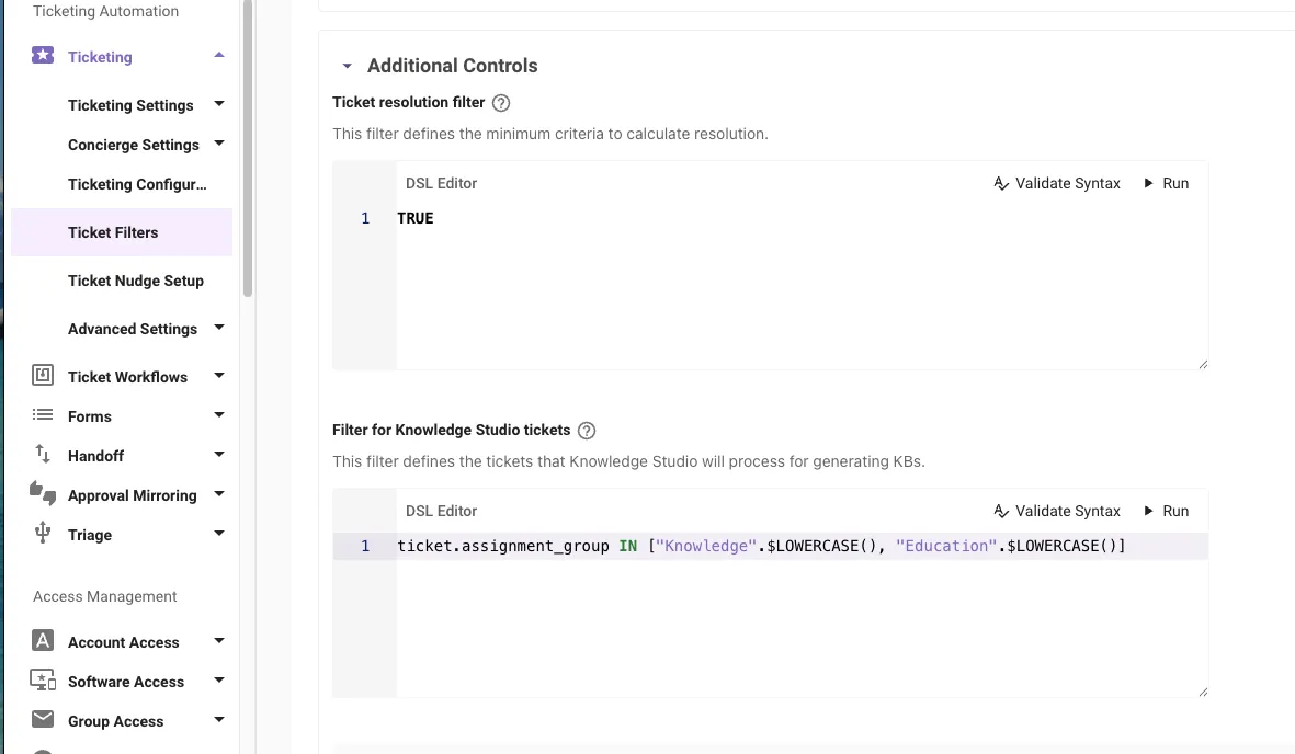 Ticket Filters page showing the Filter for Knowledge Studio tickets DSL editor under Additional Controls