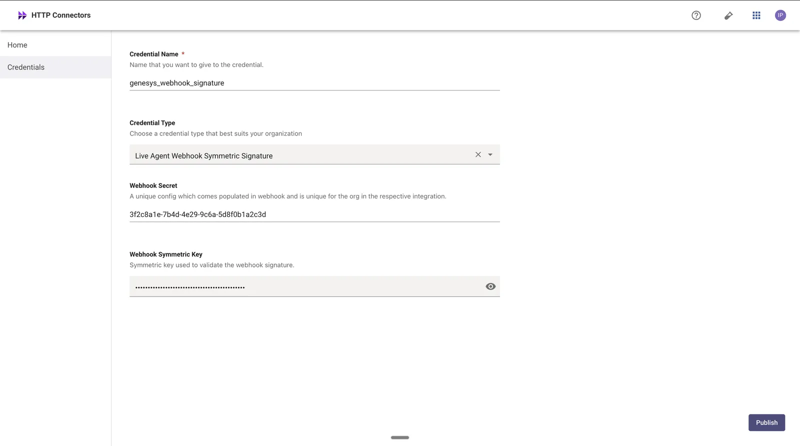 Live Agent Webhook Symmetric Signature credential: the Webhook Secret holds the integration ID and the Webhook Symmetric Key holds the signature secret (example values shown)
