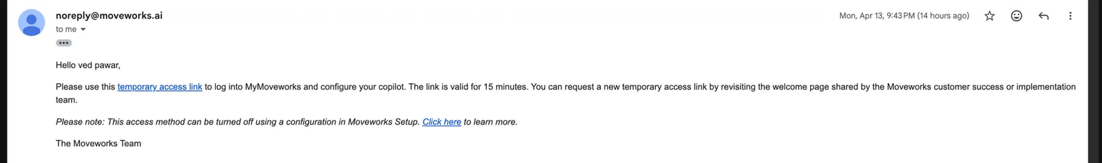 Magic link email with temporary access link