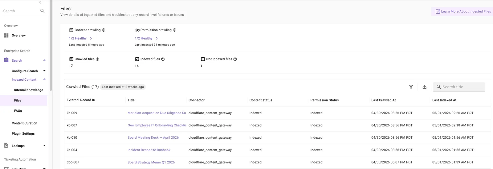 Files screen showing crawling health widgets, indexed file counts, and crawled records table