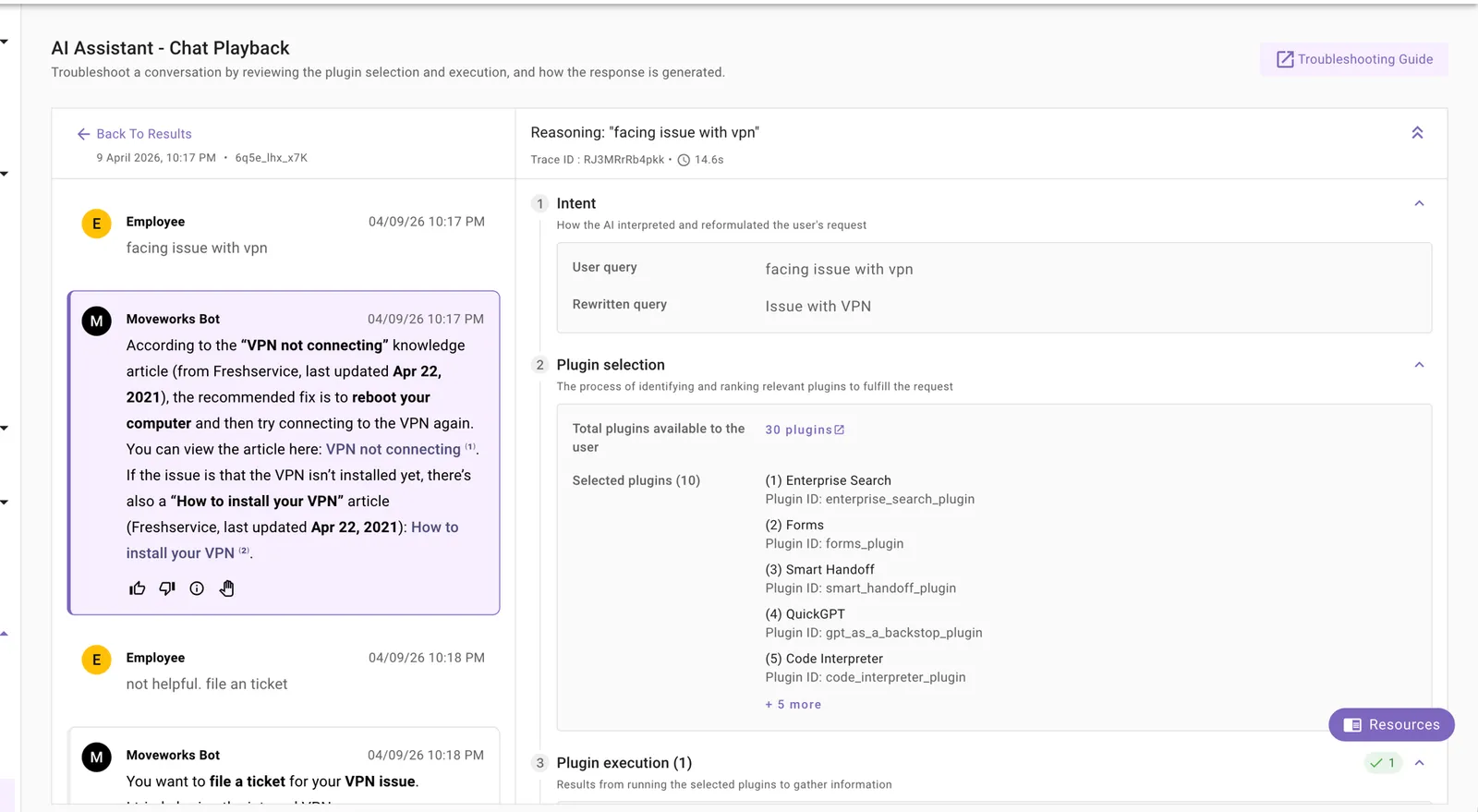 Intent step showing user query and rewritten query