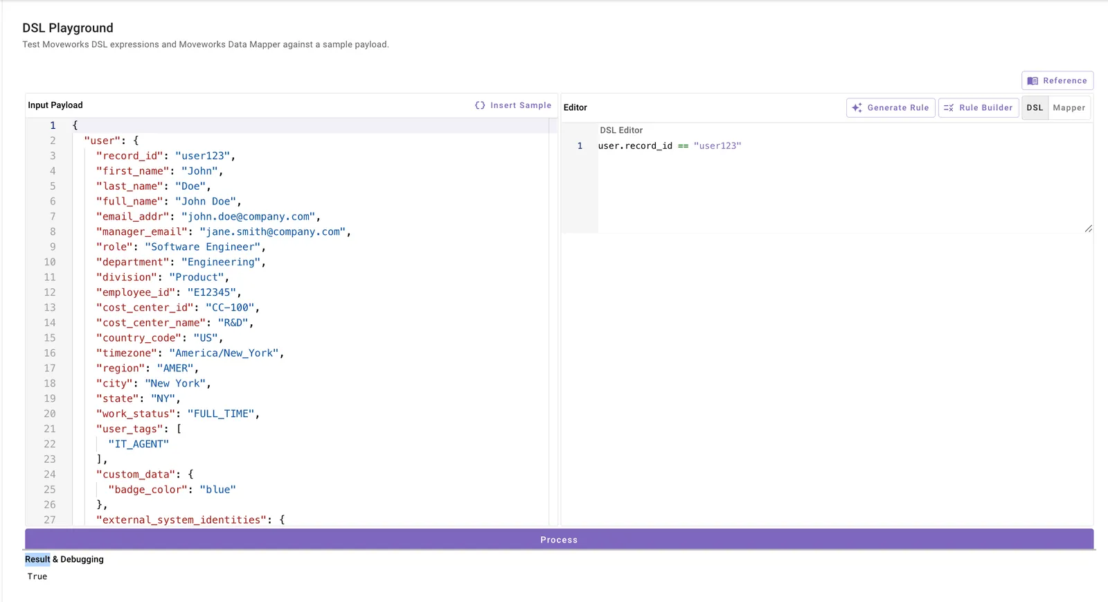 DSL Playground interface showing the Input Payload, Editor, and Result & Debugging panels