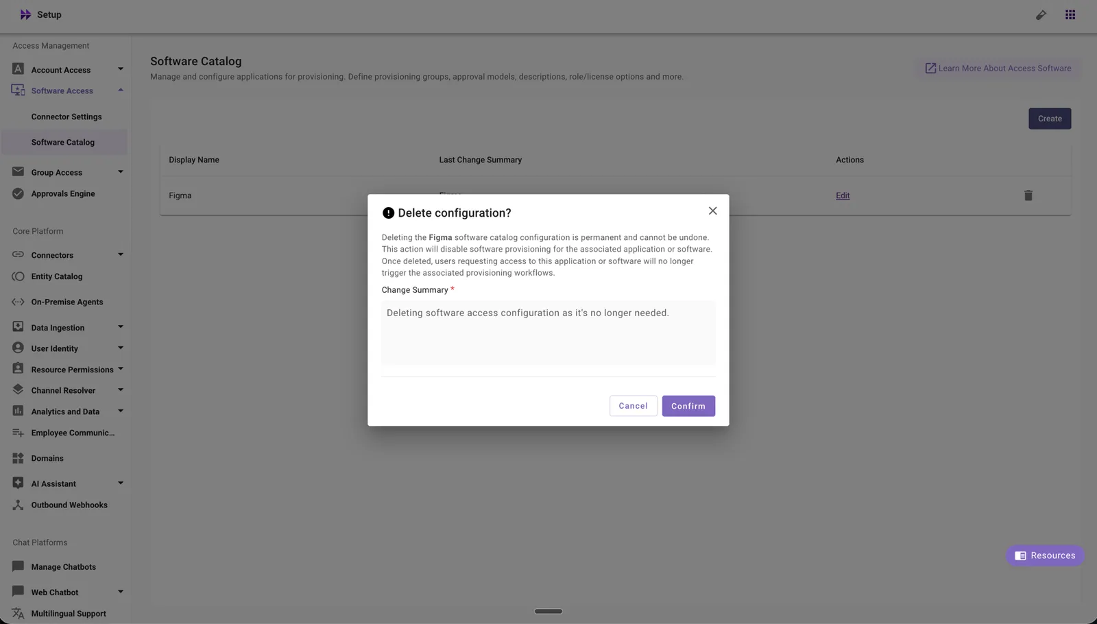 Review the delete configuration warning and enter a change summary