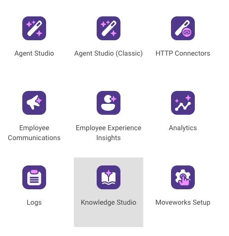 App switcher menu with Knowledge Studio selected