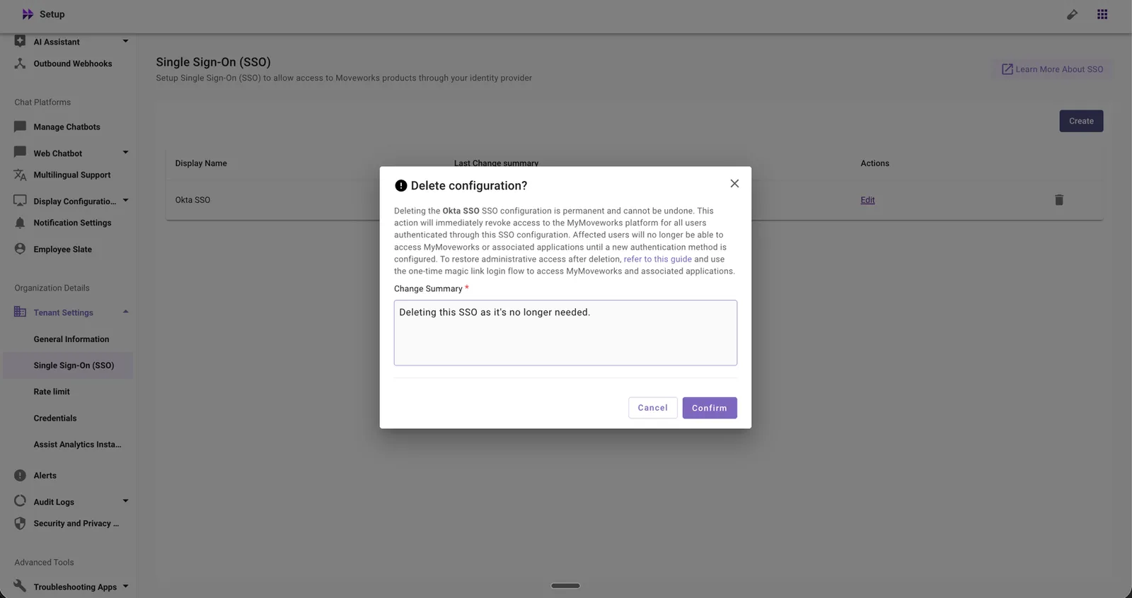 Review the delete configuration warning and enter a change summary
