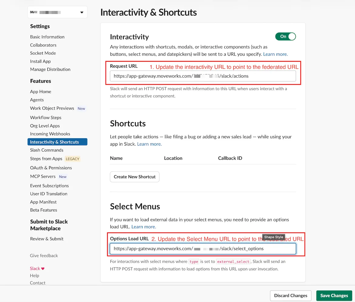 Interactivity & Shortcuts page with the Request URL and Options Load URL pointing to app-gateway.moveworks.com