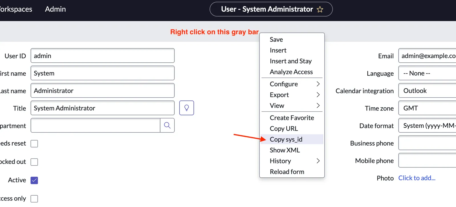 Right-click context menu on the record form header showing the Copy sys_id option