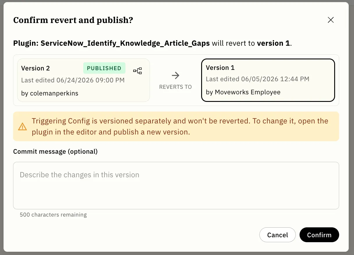Confirm revert and publish dialog showing Version 2 reverting to Version 1, a warning about Triggering Config, and an optional commit message field.