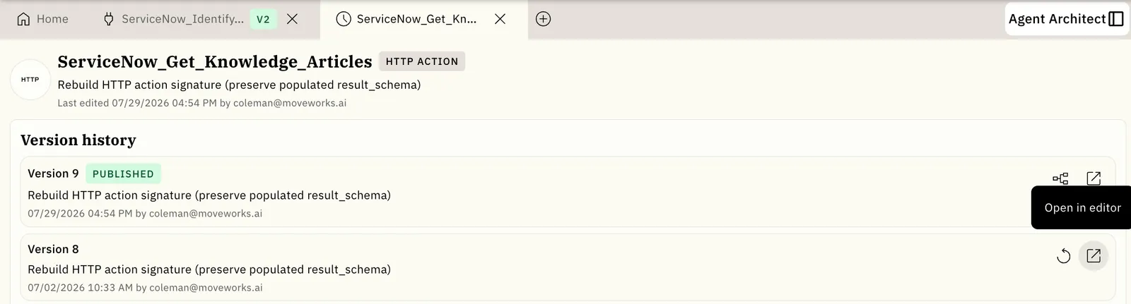 Version history for an HTTP action with the Open in editor button highlighted on Version 8.
