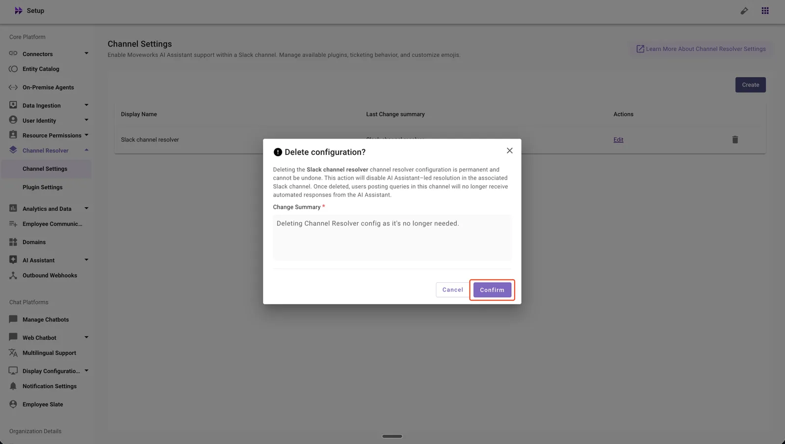 Confirm the Channel Resolver configuration deletion