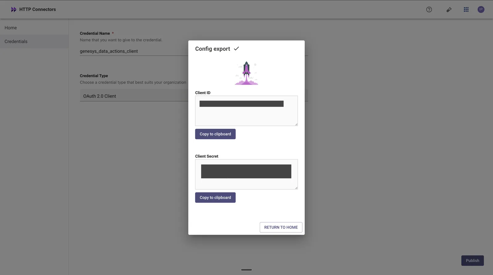 The generated client ID and client secret are shown once after saving. Store them securely.