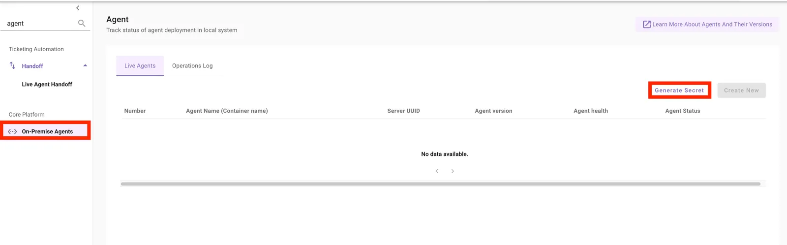 On-Premise Agents page in Moveworks Setup — click Generate Secret in the top right