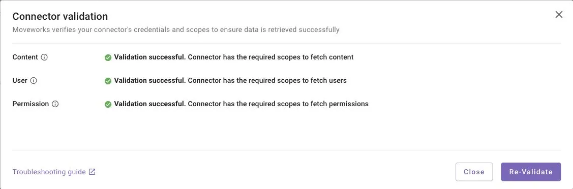 Connector validation dialog showing successful Content, User, and Permission checks for a ServiceNow connector.
