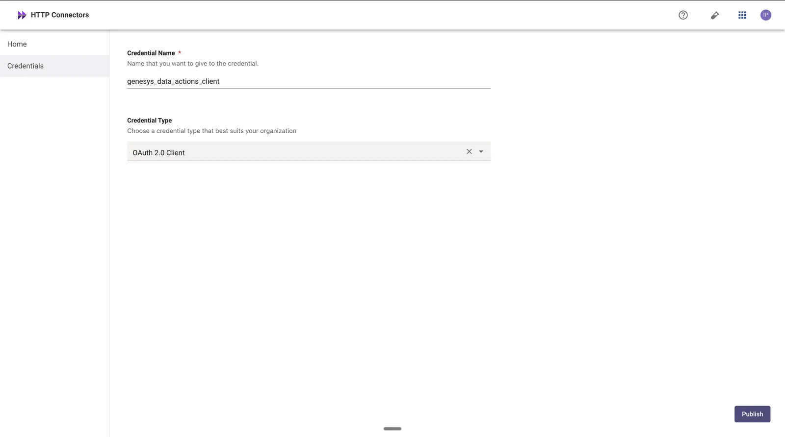 OAuth 2.0 Client credential: a name and the credential type are all that is needed before publishing