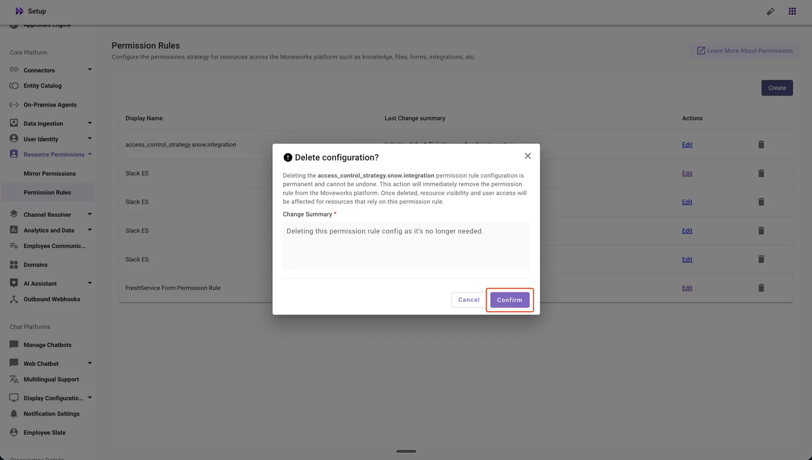 Confirm the Permission Rules configuration deletion