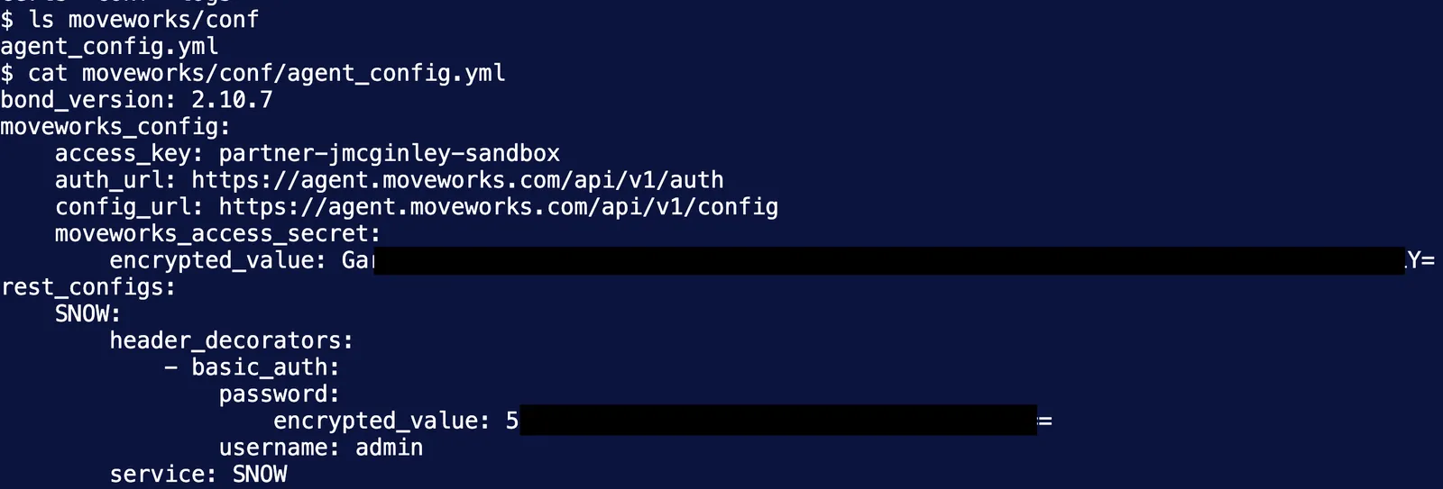 The resulting agent_config.yml showing the configuration structure with credentials encrypted