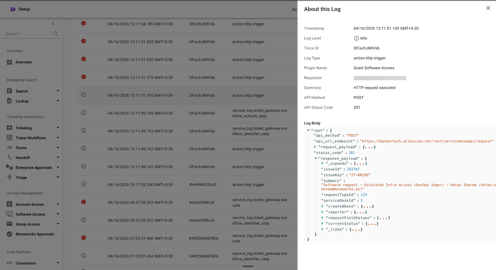 About this Log detail panel for an info log entry, showing log level, trace ID, log type, plugin name, summary, status code 201, and JSON log body