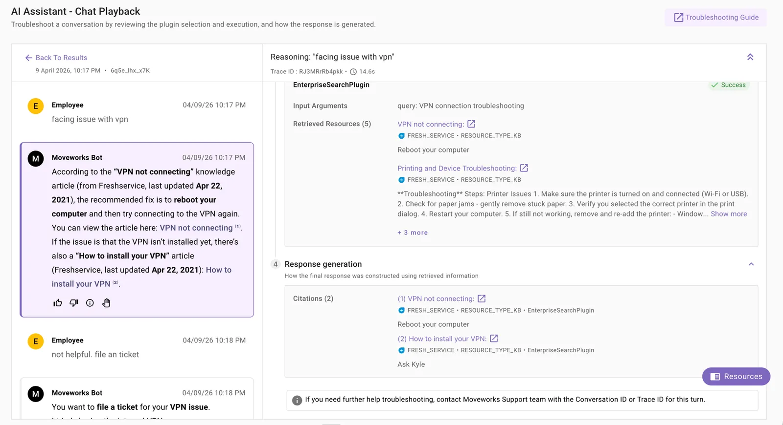 Plugin execution showing input arguments, retrieved resources, and response generation with citations