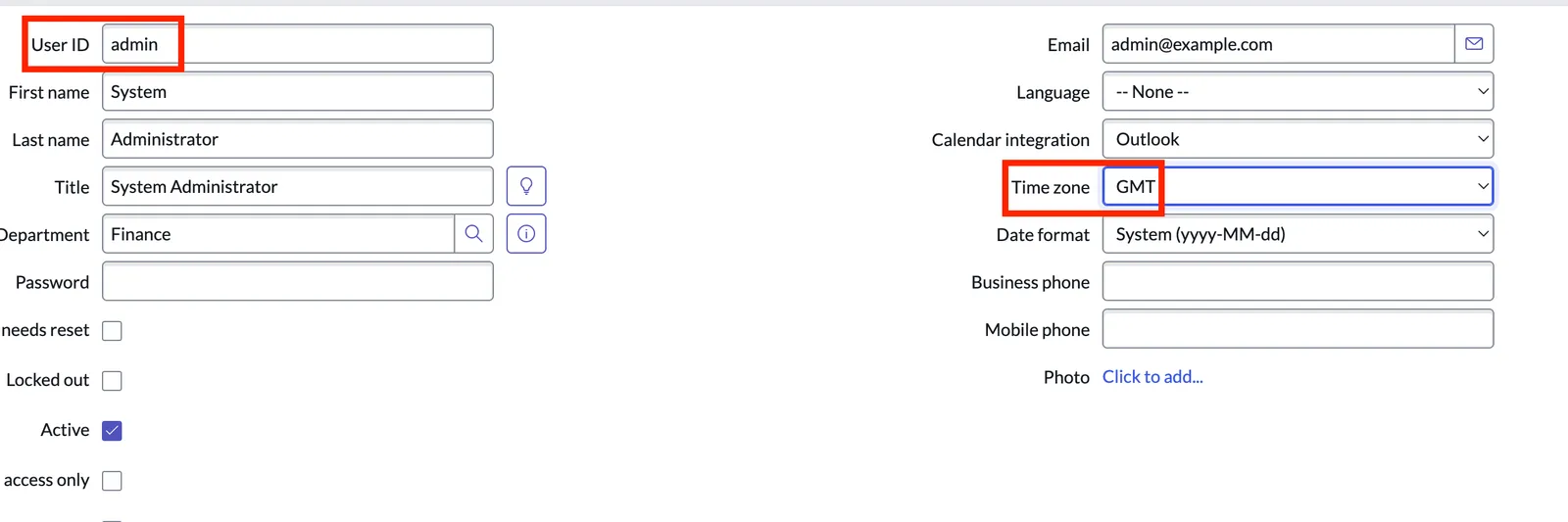 User record with the Time zone field set to GMT