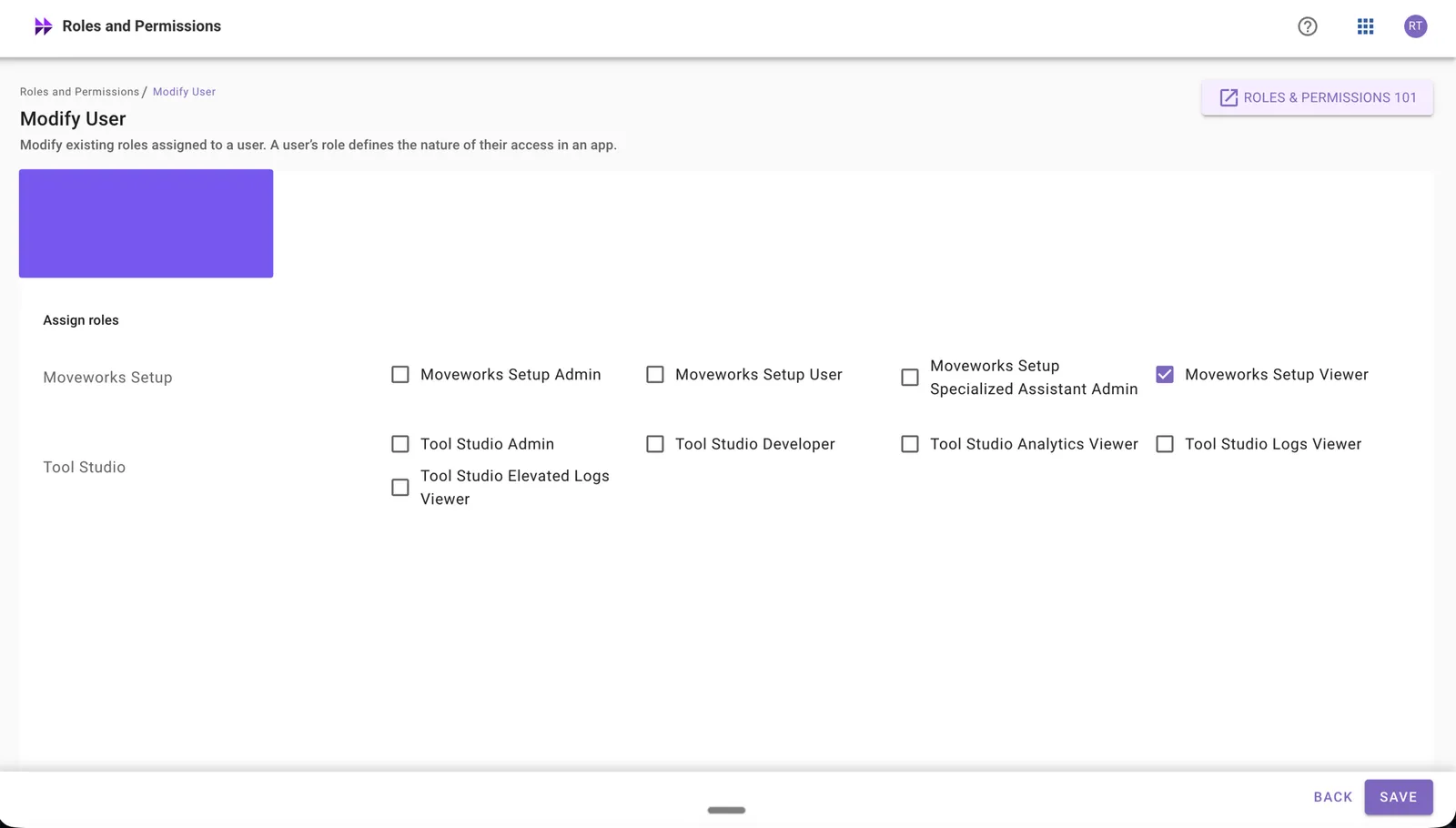 Modify User page with Moveworks Setup Viewer checkbox selected