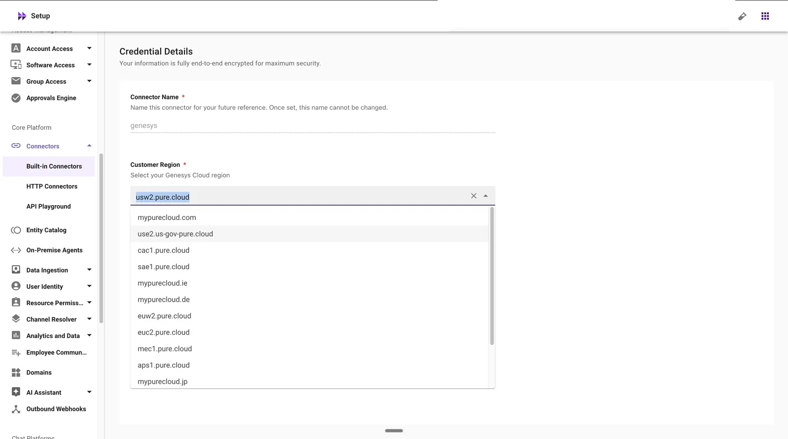 The Customer Region dropdown lists the Genesys Cloud regional hosts