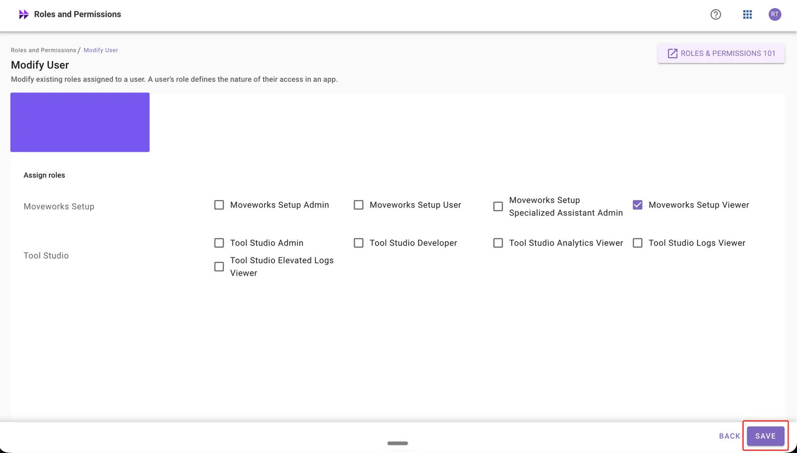Save button highlighted on Modify User page