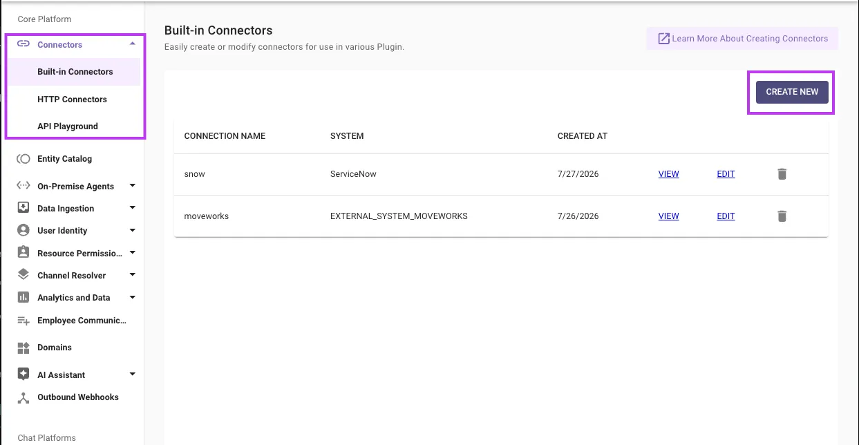 Built-in Connectors page with the CREATE NEW button highlighted