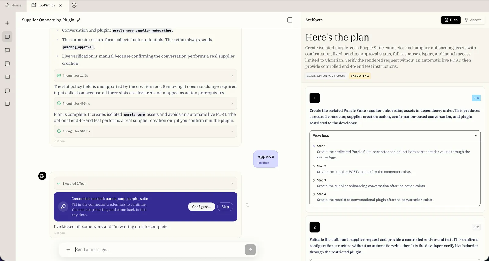ToolSmith conversation showing a credentials-needed card with Configure and Skip buttons.